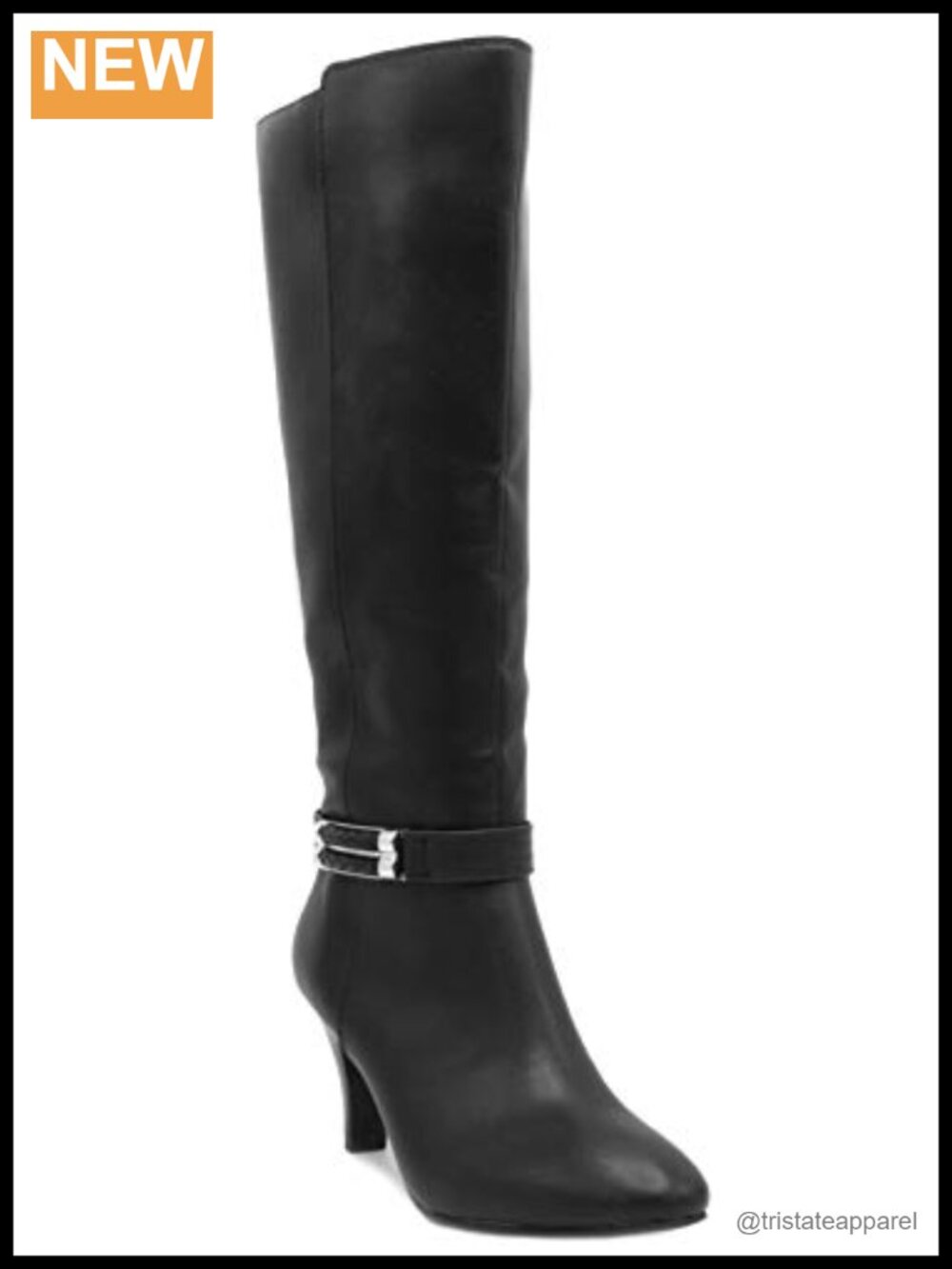 Womens Knee High Heeled Dress Boots with Fashion Buckle Faux Leather